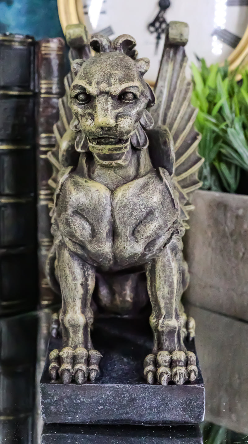 Stoic Winged Lioness Gargoyle Crouching On Pedestal Decorative Figurine 6.25"H