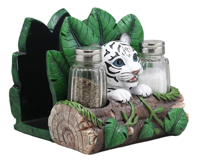 Ebros Rainforest White Tiger Cub Dinner Napkins & Salt Pepper Shakers Holder Set