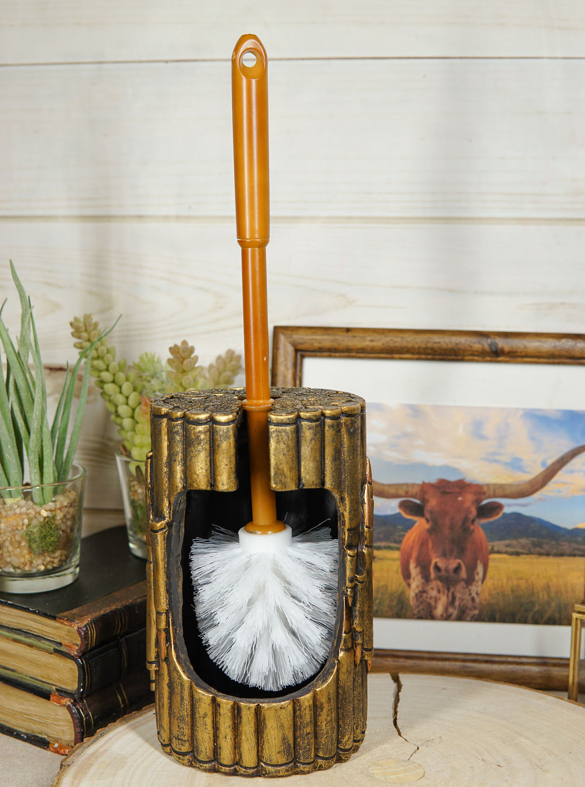 Western Military Rifle Ammo Shells Gold Tone Bullets Toilet Brush and Holder Set - Ebros Gift