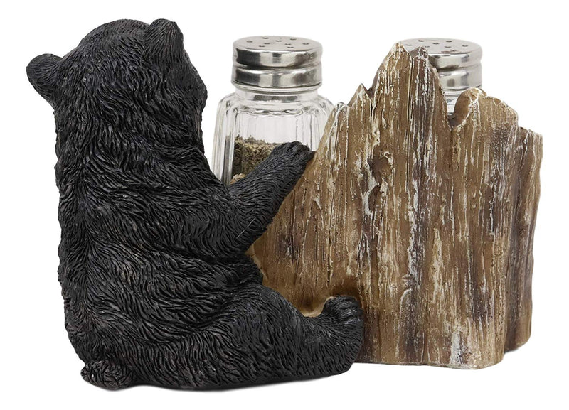 Ebros Rustic Woodland Black Bear Cub Hugging Tree Stump Figurine Display Holder With Glass Salt And Pepper Shakers Bears Home Kitchen Dining Decorative Statue 6.25" L Cabin Lodge Mountainside Decor