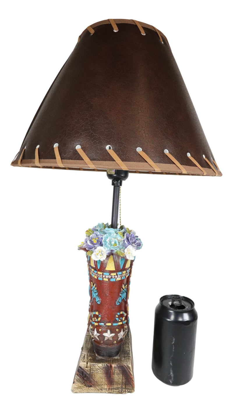 Rustic Western Faux Tooled Leather Floral Succulents Cowboy Boot Table Lamp