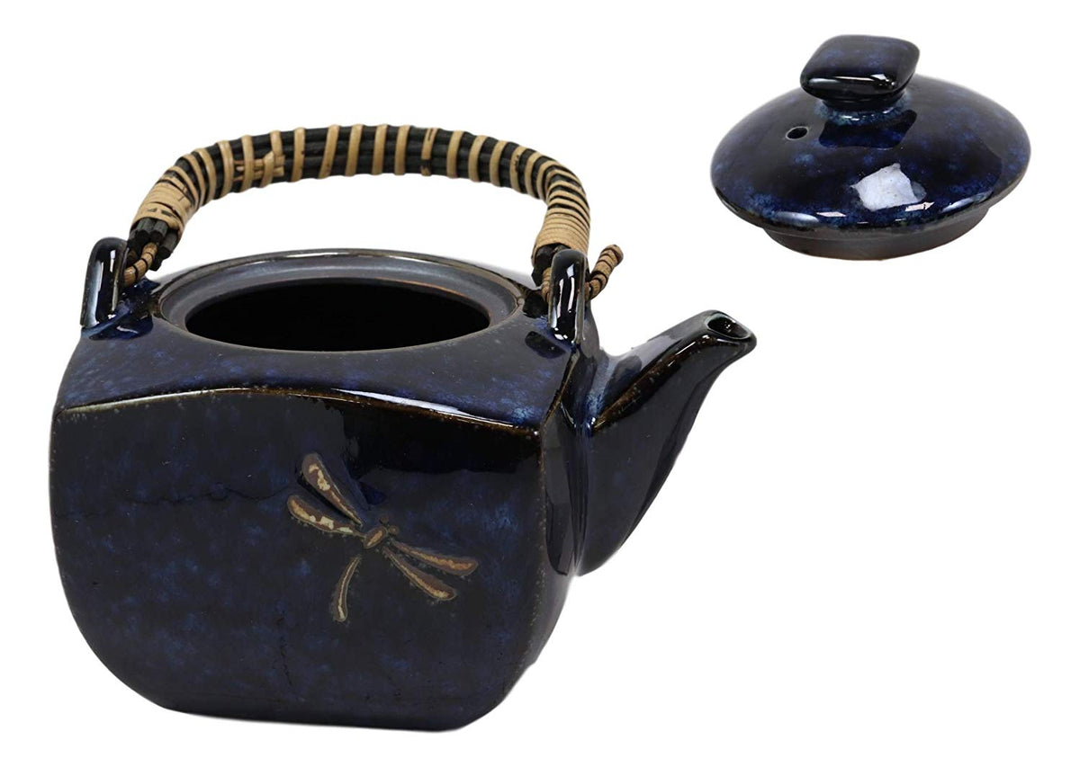 Ebros Japan Made Tombo Dragonfly Midnight Blue 20oz Porcelain Tea Pot & Cups Set - Ebros Gift