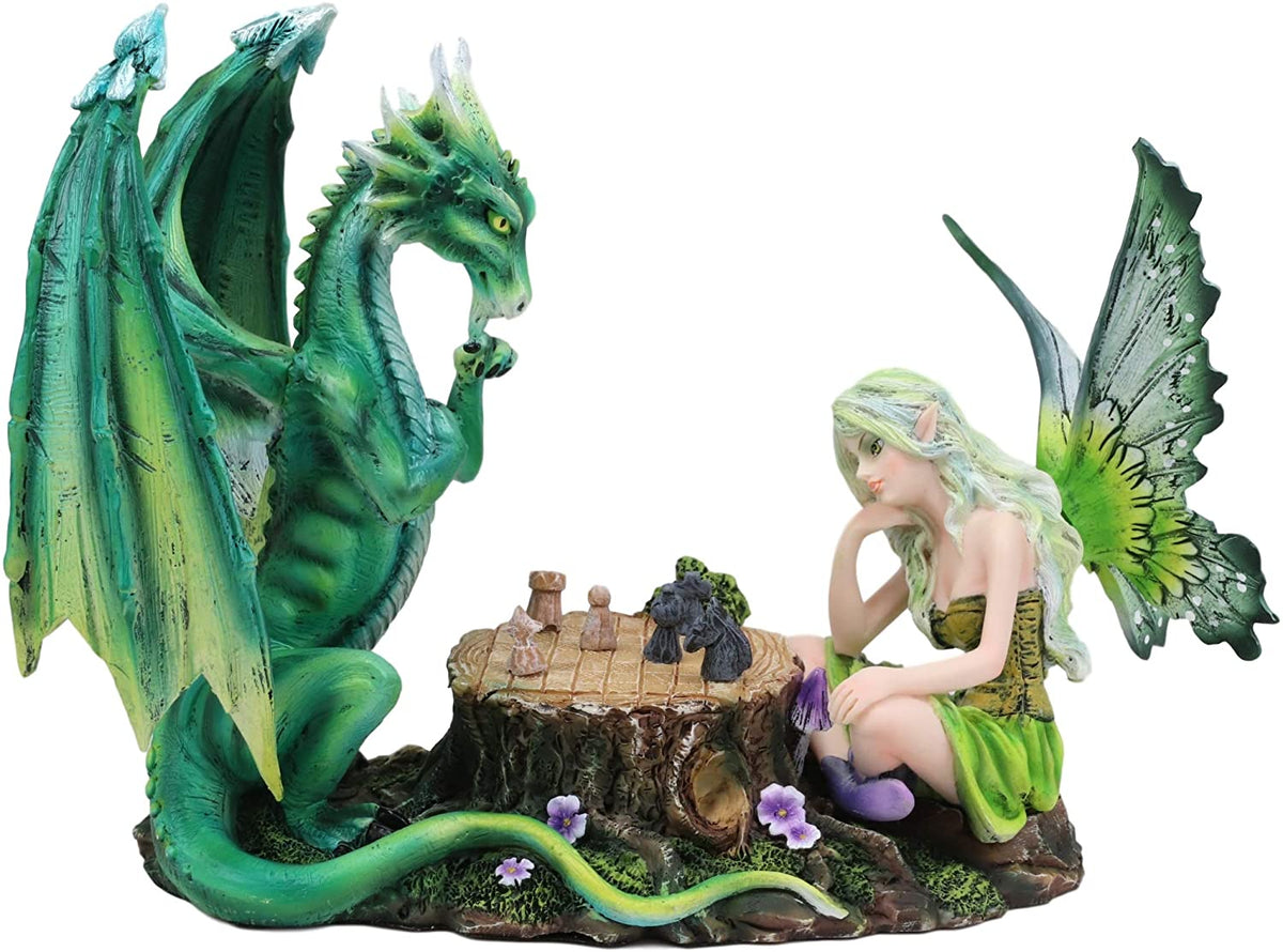 Ebros Amy Brown Elf Earth Fairy With Green Dragon Playing Chess Statue 7"H
