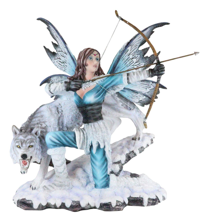 Ebros Gift Large Snowcap Winter Huntress Fairy With Bow and Arrow By Alpha Wolf Fenrir Figurine 18"H