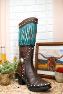 Rustic Western Country Turquoise Frills Faux Tooled Leather Cowgirl Boot Vase
