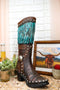 Rustic Western Country Turquoise Frills Faux Tooled Leather Cowgirl Boot Vase