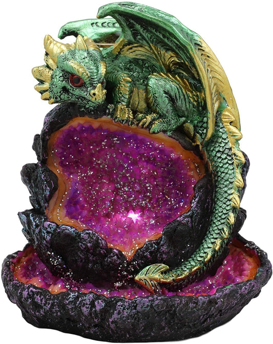 Ebros LED Light Wyrmling Dragon On Crystal Geode Backflow Incense Cone Burner