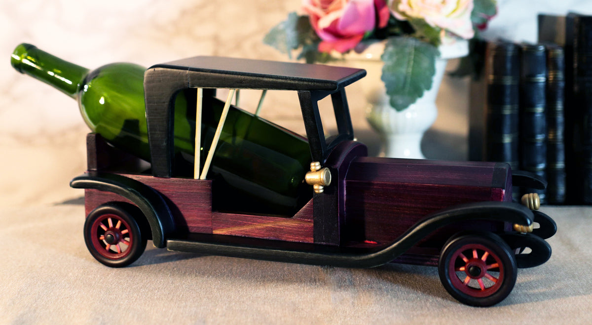 Hand Made Wood Retro Antique Style Purple Model T Sedan Car Wine Holder Figurine