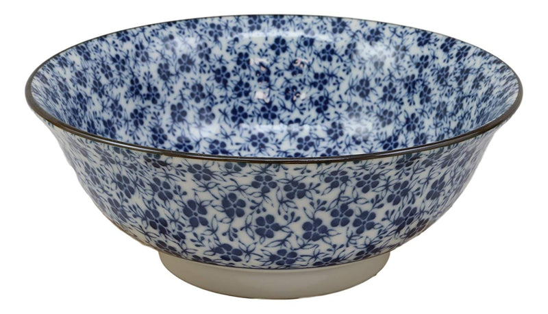Ebros Gift Blue And White Ming Style Floral Petals Ceramic Bowls Pack Of 3 Ramen Pho Soup Bowl Set 32oz 8"Diameter Made In Japan