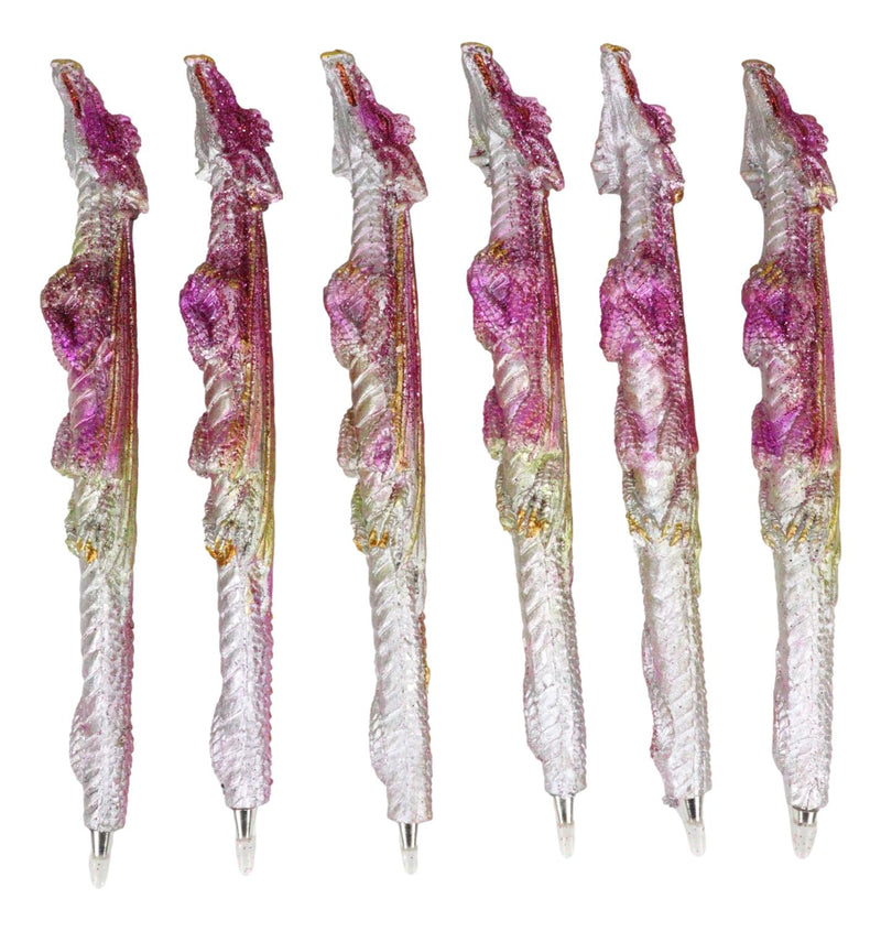 Pack Of 6 Fire Ink Glittered Metallic Pink And Gold Spirit Dragon Pen Figurines