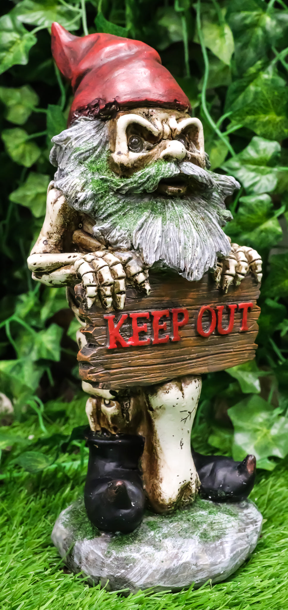 Ebros Day Of The Dead Butt Naked Skeleton Gnome Holding Keep Out Sign Statue LED Eyes