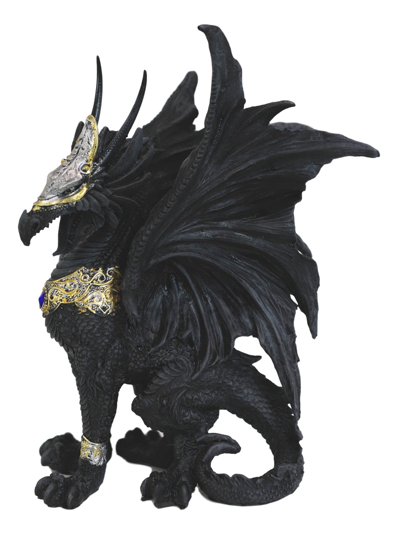 Blue Sapphire Golden Armored Combat Dragon Standing Guard In Faux Stone Statue