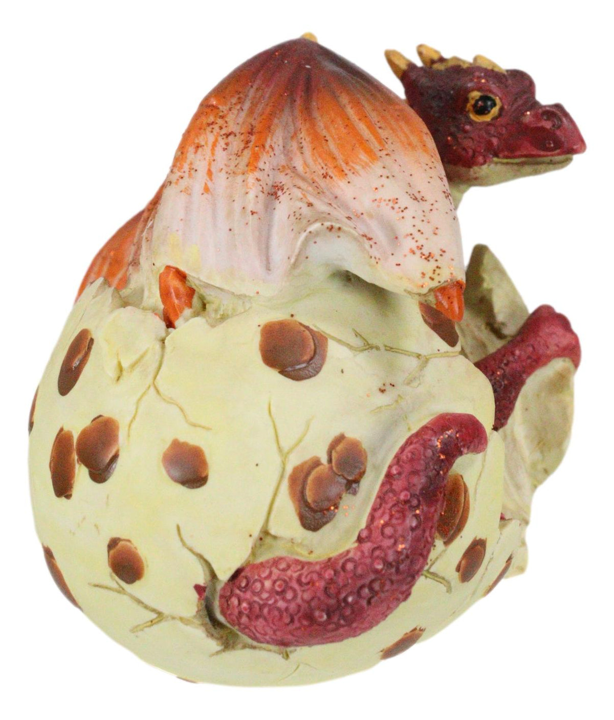 Small Sparkly Red Lava Whimsical Dragon Baby Emerging From Spotted Egg Figurine