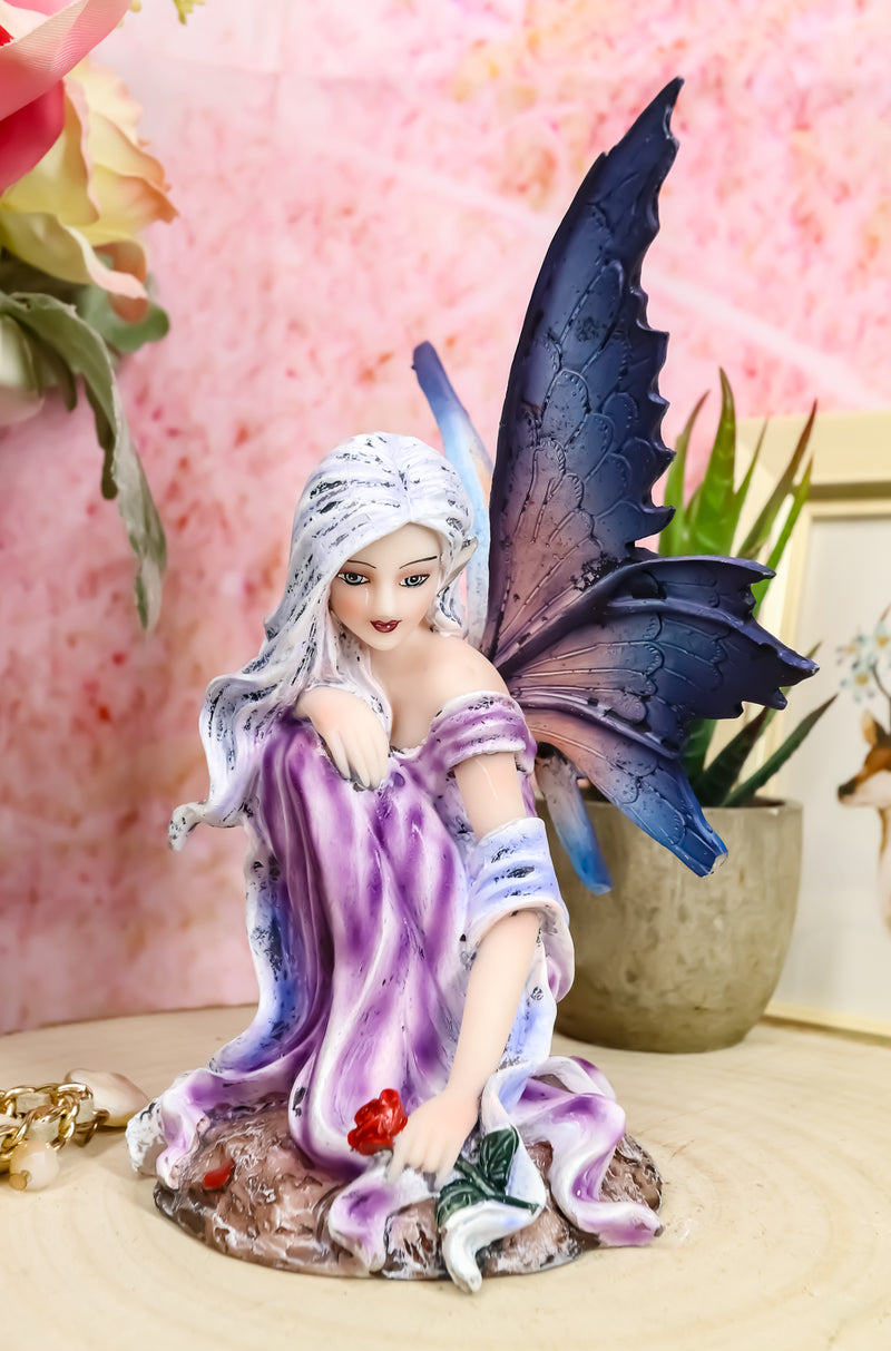 Ebros Silver Haired Winter Fairy Holding Red Rose Figurine Fairy Garden