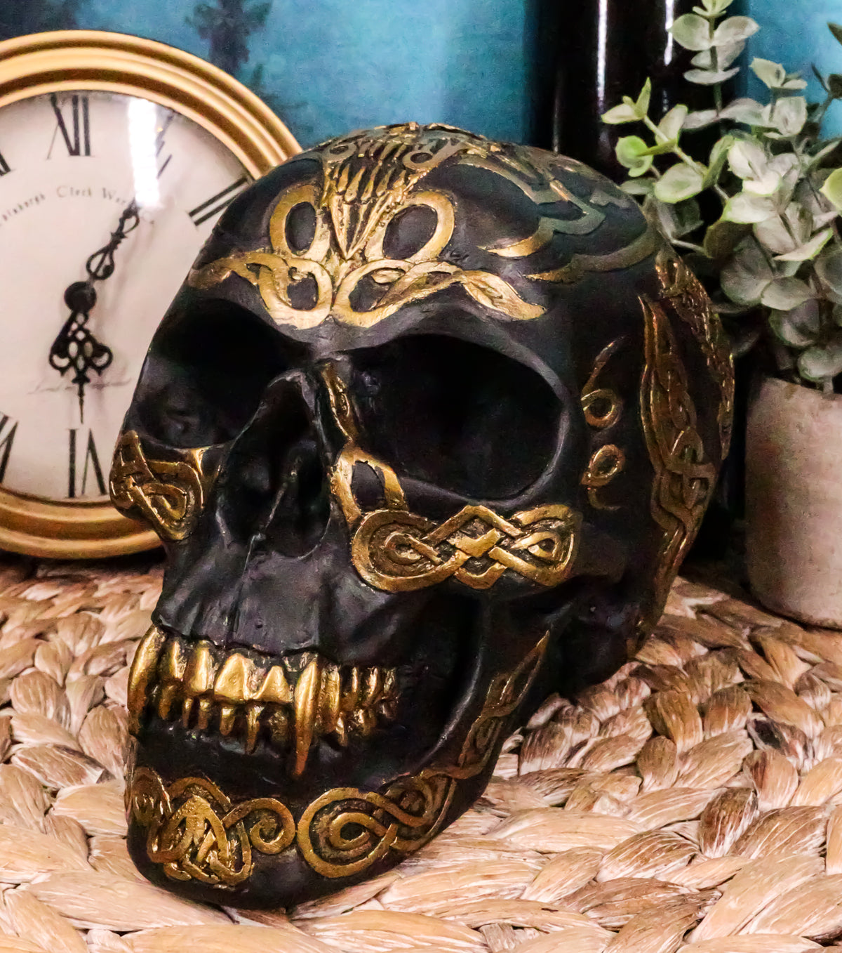 Ebros Celtic Tribal Knotwork Tattoo Black Ghost Vampire Skull Statue 7"Long As Macabre Ossuary Decor Dracula Skeleton Cranium For Halloween