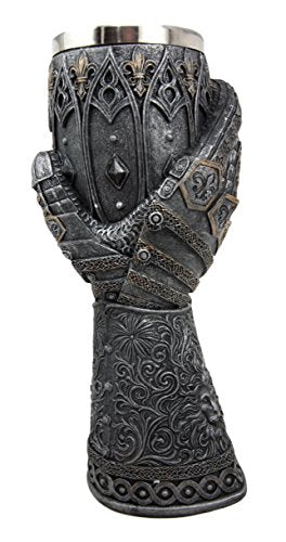 Ebros Gift Royal Fleur De Lis Braveheart Lion Gauntlet 8.75"H 8oz Wine Drink Goblet Chalice Cup