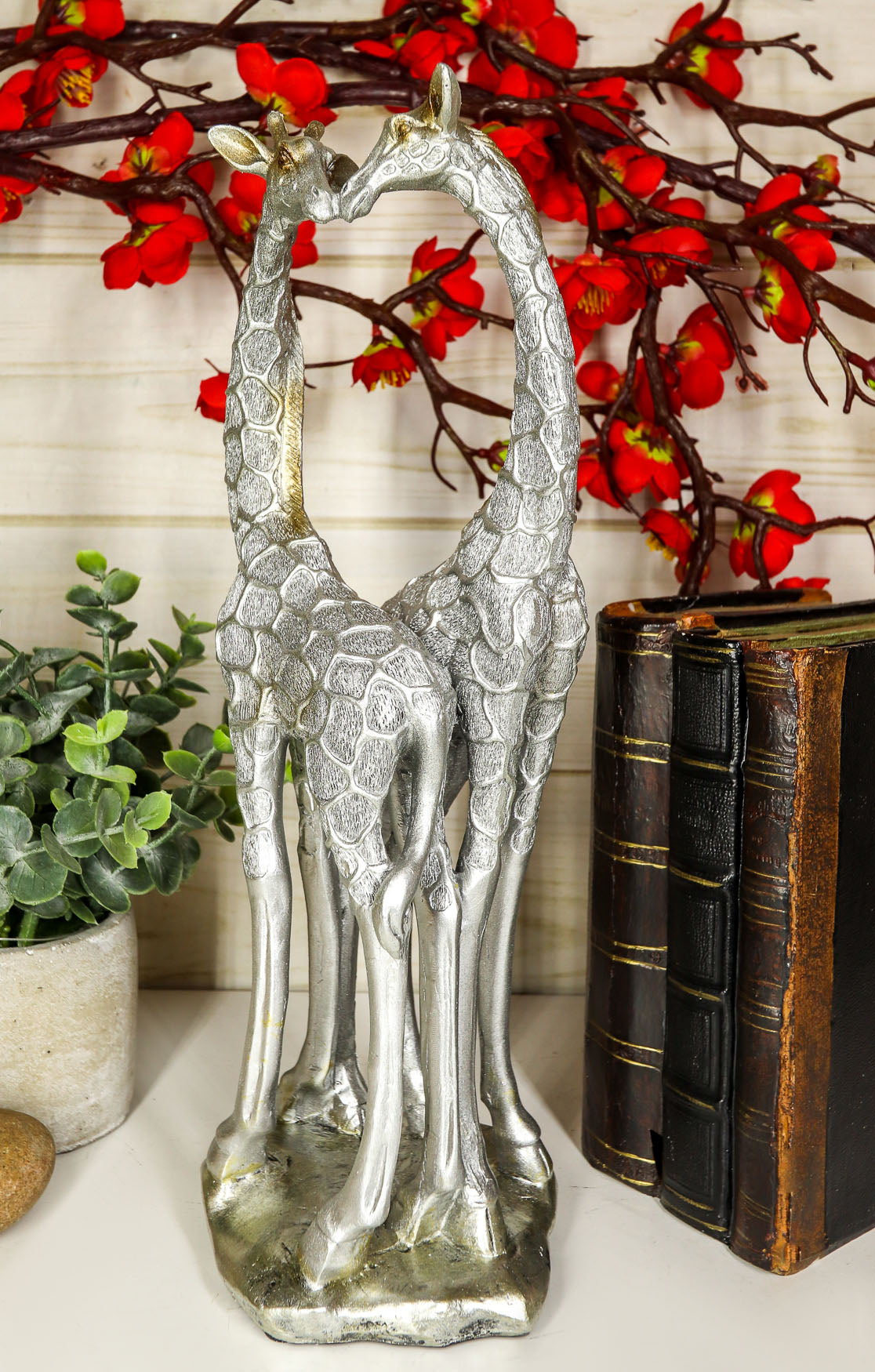 Ebros Large Silver Giraffe Lovers Couple Statue 12.5" Tall Safari Savannah Standing Giraffe Husband and Wife with Heart Shaped Neck Figurine Decor for Valentine's Day Anniversary Birthday Gift - Ebros Gift
