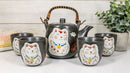 Ebros Japanese Maneki Neko Cat Black Tea Set Pot and Cups Serves 4 Ceramic Decor