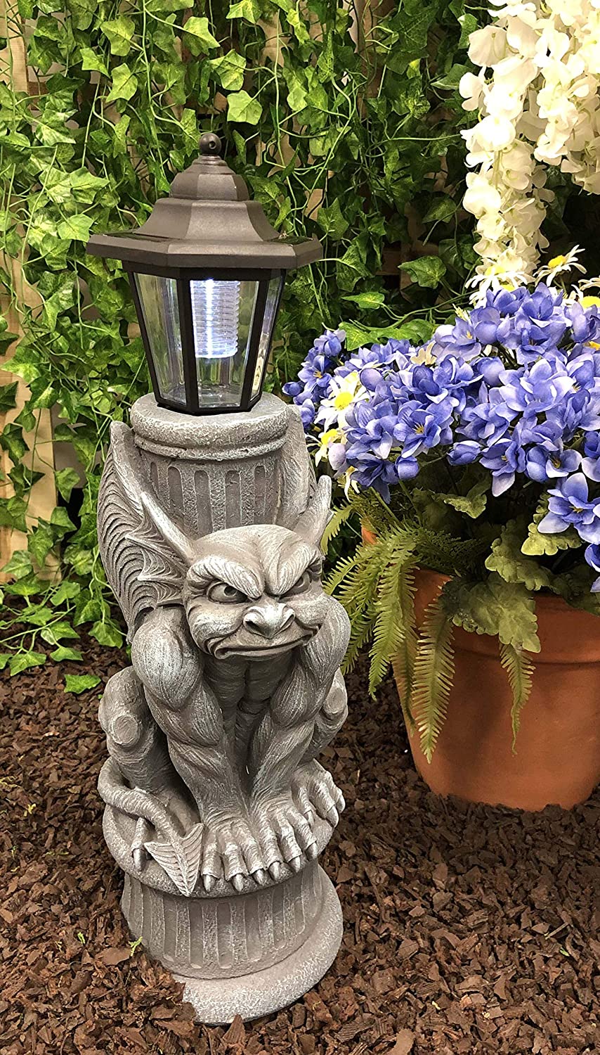 Ebros Gothic Gargoyle Statue with Solar LED Lantern Light Post 20" Tall Figurine - Ebros Gift