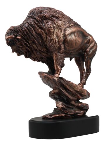 Large North American Bison On Steep Rock Statue 11"H Electroplated Bronze Resin