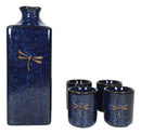 Japanese 14oz Ceramic Midnight Blue Dragonfly Tombo Sake Set Flask With Four Cups