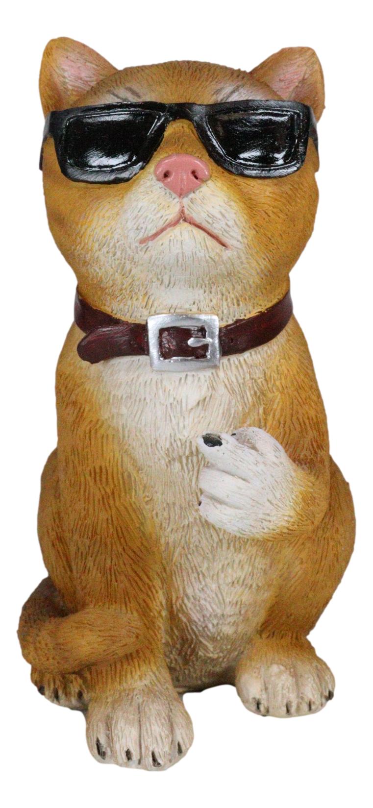 No Pussies Here! Tabby Cat With Shades Flipping The Bird Middle Finger Figurine