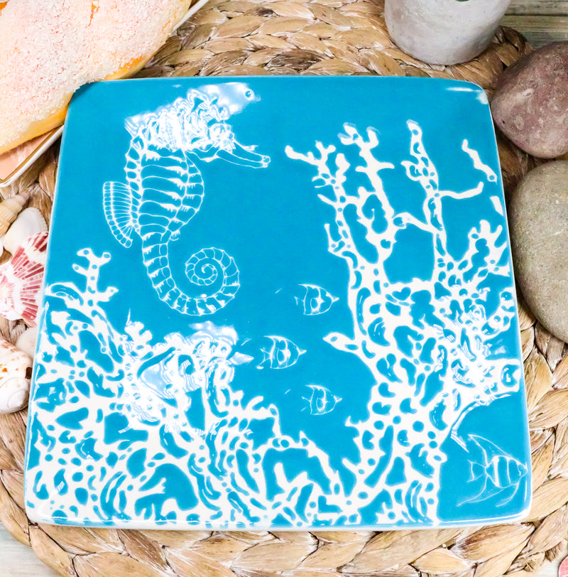 Ebros Nautical Seahorse By Corals Blue Salad Dessert Plate Set of 2 Square 8.5"