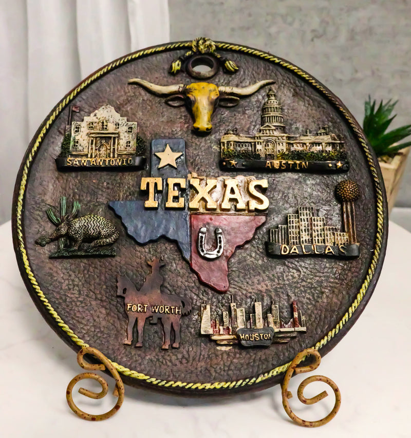 Western Texas State Map Houston Dallas Austin City Landmarks Wall Or Desk Plate