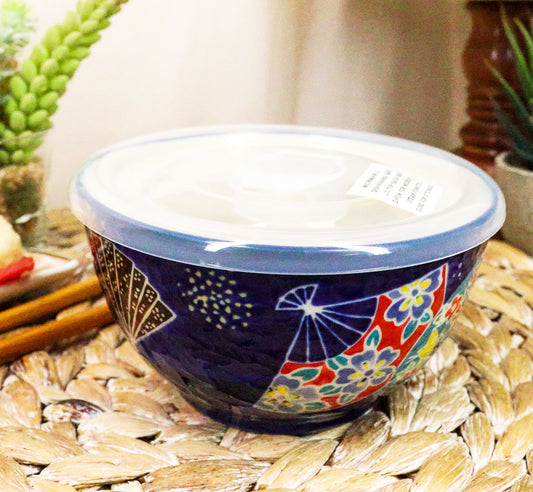 Ebros Pack of 2 Ceramic Blue Oriental Fans Portion Meal Bowls 2 Cups W/ Airtight Lid