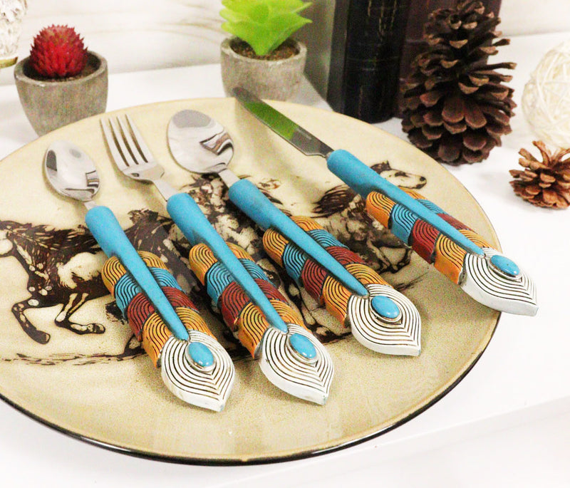 Southwest Chic Indian Turquoise Feather Flatware 4 Spoon Teaspoon Fork Knife Set