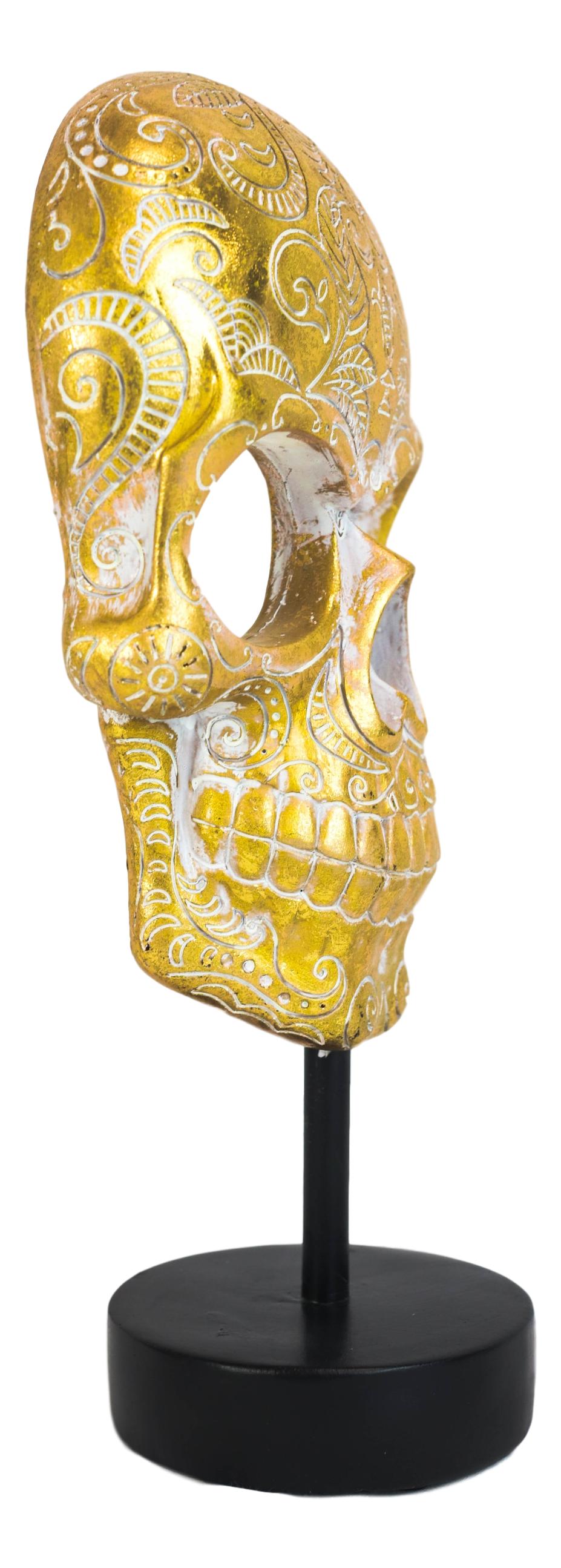 Day Of The Dead Golden Tooled Floral Sugar Skull Mask Sculpture On Museum Stand