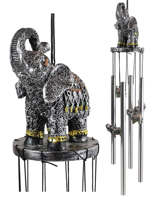 Feng Shui Thai Buddha Elephant In Filigree Art Figurine Crown Garden Wind Chime