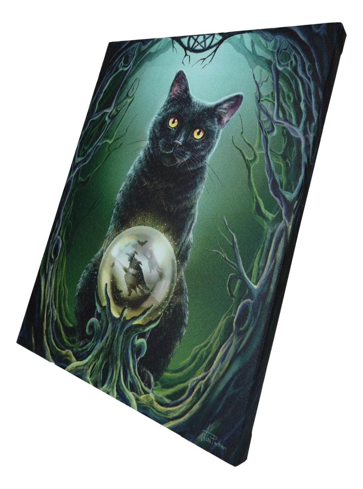 Rise Of The Witches Black Cat By Scrying Ball Wood Framed Canvas Wall Decor - Ebros Gift