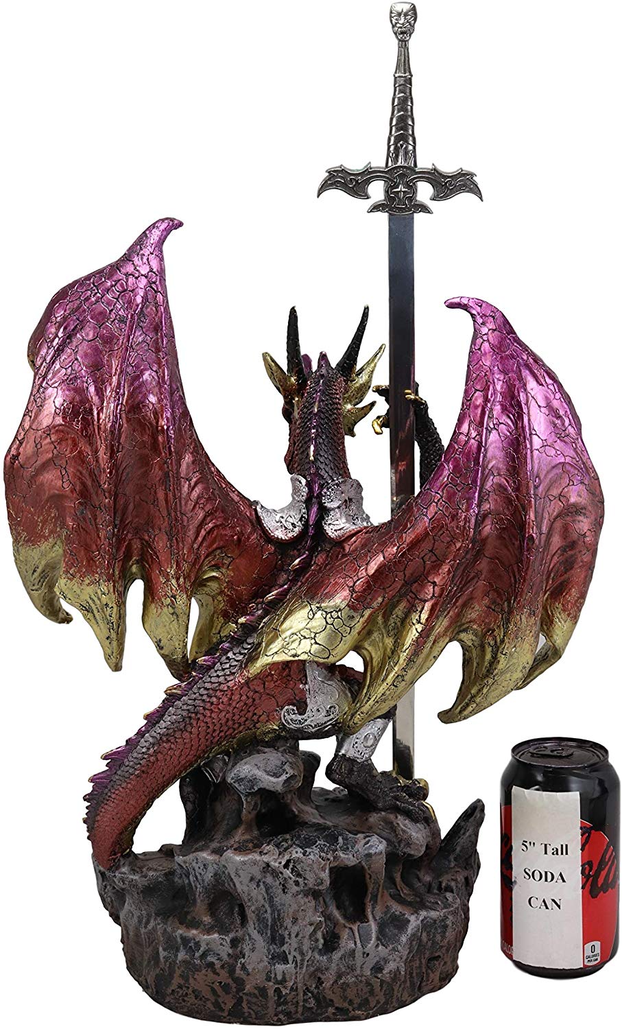 Ebros Gift Large Hyperion Red Ember Crystal Heart Armored Dragon Guardian of Orb and Excalibur Dagger Blade Sword Statue 12" Tall Medieval Dungeons and Dragons Fantasy Decorative Sculpture