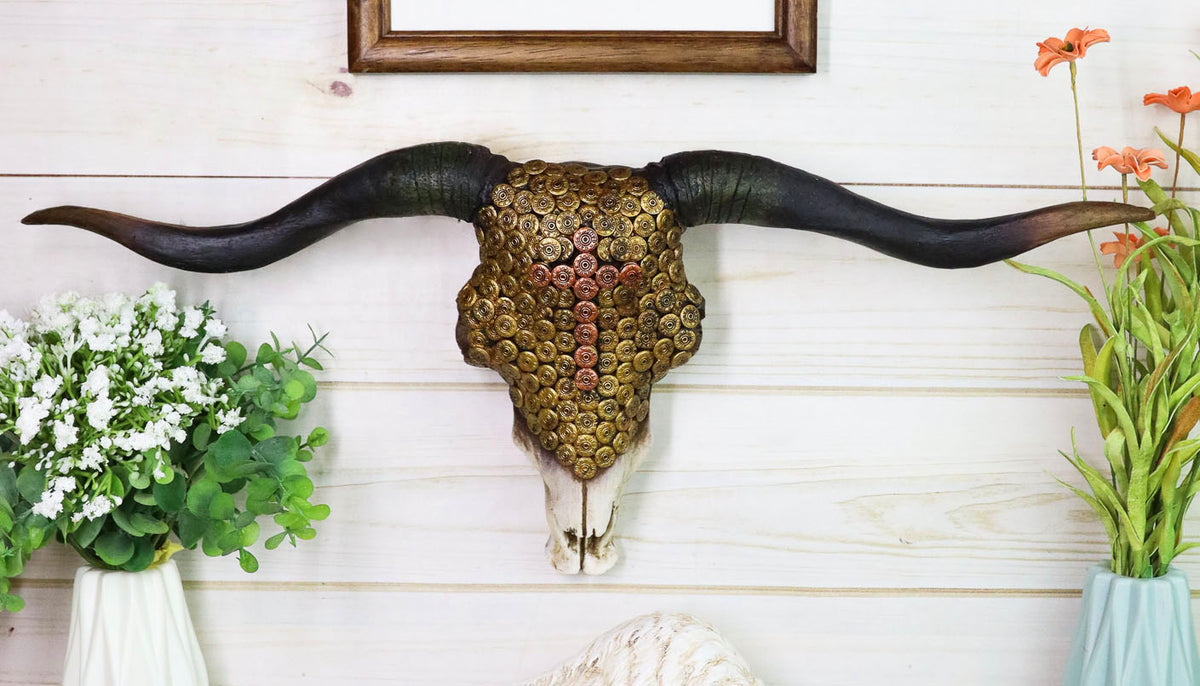 Western 12 Gauge Shotgun Bullets Texas Longhorn Bull Cow Skull Wall Decor Plaque
