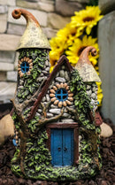 Fairy Garden LED Light Up Cottage Stone House With 2 Roofs Blue Door Figurine
