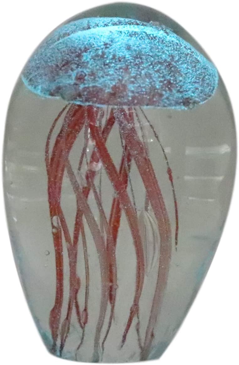 Ebros Hand Blown Glass Glow in The Dark Translucent Jellyfish & LED Base (Red)