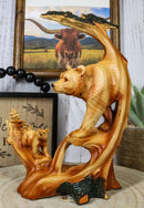 Rustic Faux Wood Forest Scene Grizzly Bear With Cub Hunting Figurine Collectible Sculpture