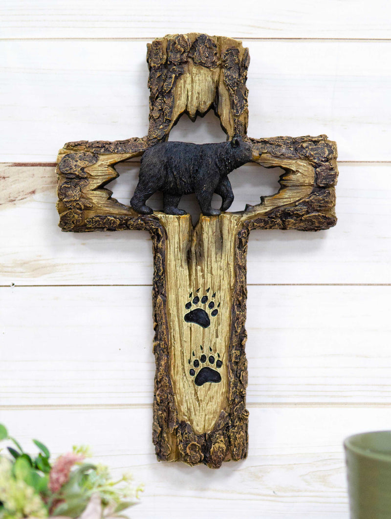 Rustic Western Black Bear With Paw Prints Faux Wood Wall Cross Decor Plaque