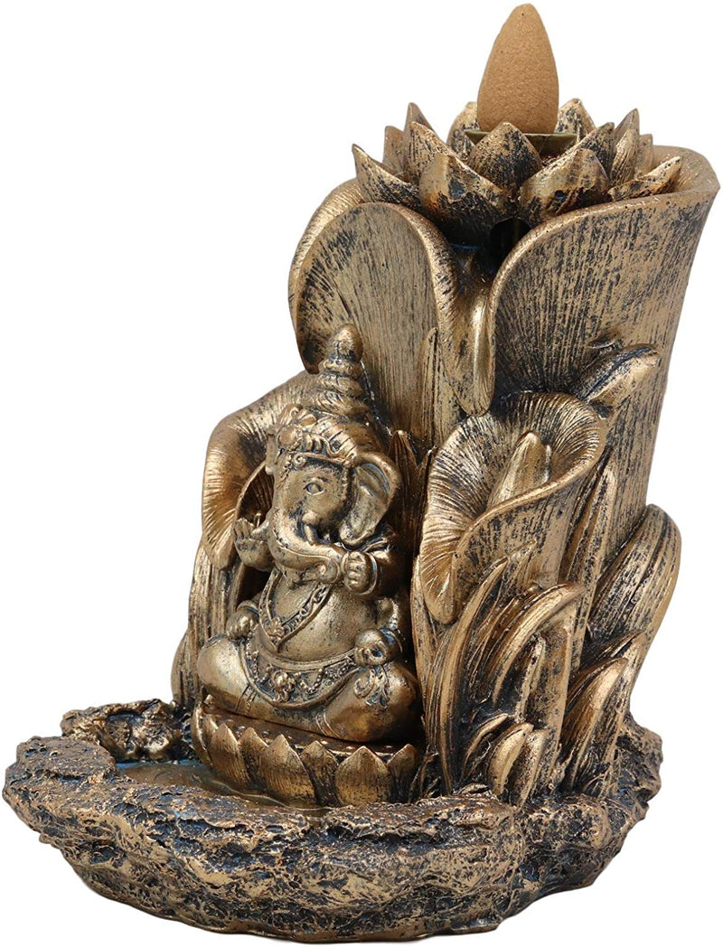 Ebros Golden Hinduism Avatar Ganapati Lord Ganesha with 4 Hands Seated On Lotus Throne Backflow Cone Incense Burner Statue 5.25" Tall Hindu Vastu Wisdom and Prosperity Altar Decor Figurine
