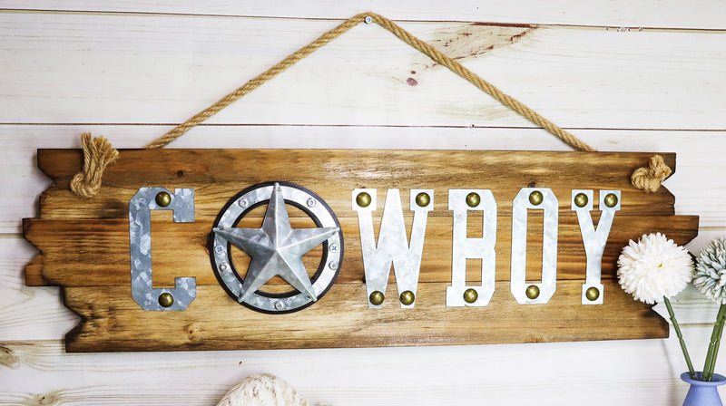 25"L Rustic Metal Western Star Cowboy Sign On Wooden Plank Wall Or Door Plaque