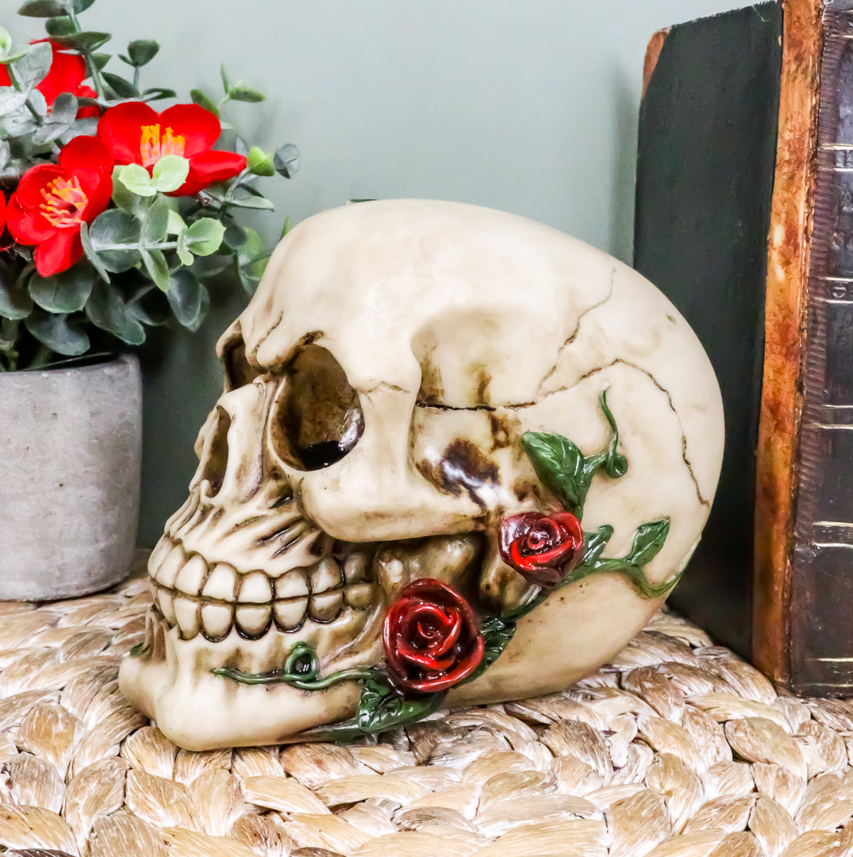 Day of The Dead Red Rose Vine Skull Figurine DOD Floral Sugar Skull Decor 6"L - Ebros Gift