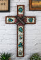 Rustic Western Crackled Turquoise Stones On White Rocks Barbed Wires Wall Cross