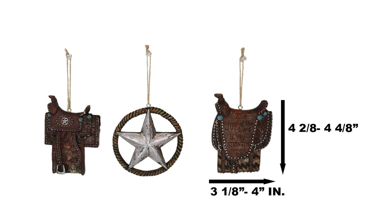 Set of 3 Rustic Western Star Ropes Circle Tooled Leather Horse Saddles Ornaments