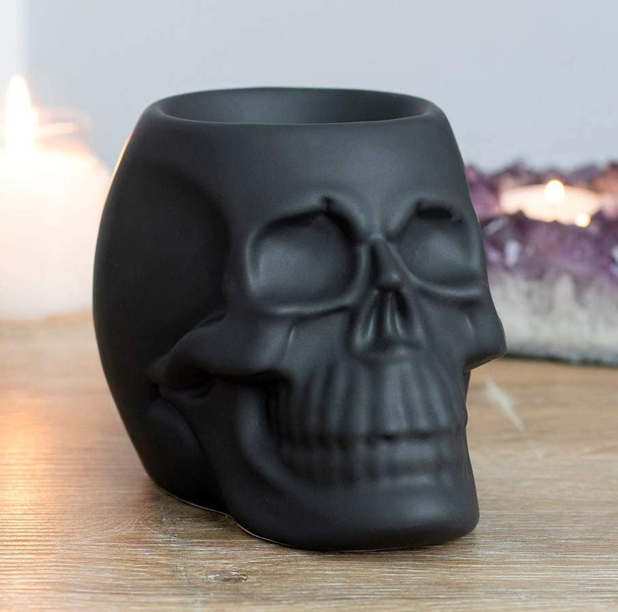 Set Of 2 Black And White Gothic Skull Skeleton Ceramic Votive Candle Oil Warmers