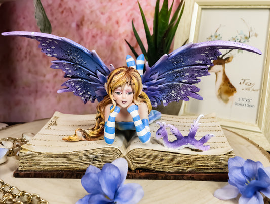 Ebros Amy Brown Purple Lavender Book Worm Fairy with Pet Dragon Statue 7.25" Long Fantasy Mythical Reading Faery FAE Magic Watercolor Collectible Decor Figurine - Ebros Gift