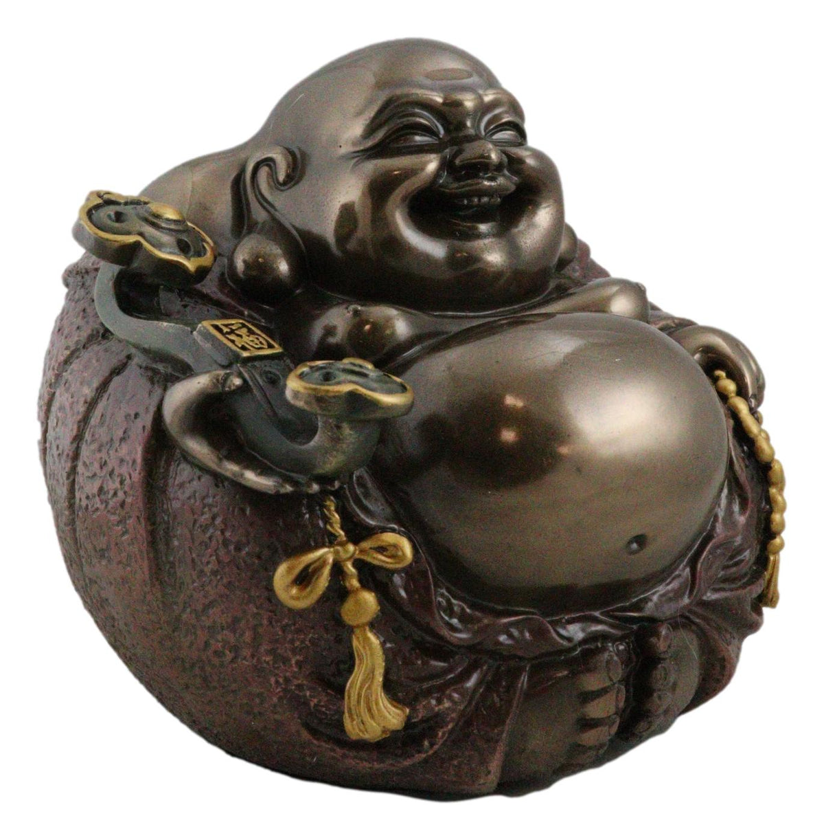 Feng Shui Hotei Laughing Happy Buddha with Gold Ingot and Prayer Beads Figurine