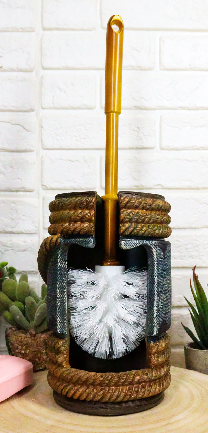 Western Cowboy Faux Rope Denim Horse Buckle Toilet Brush And Base Holder Set