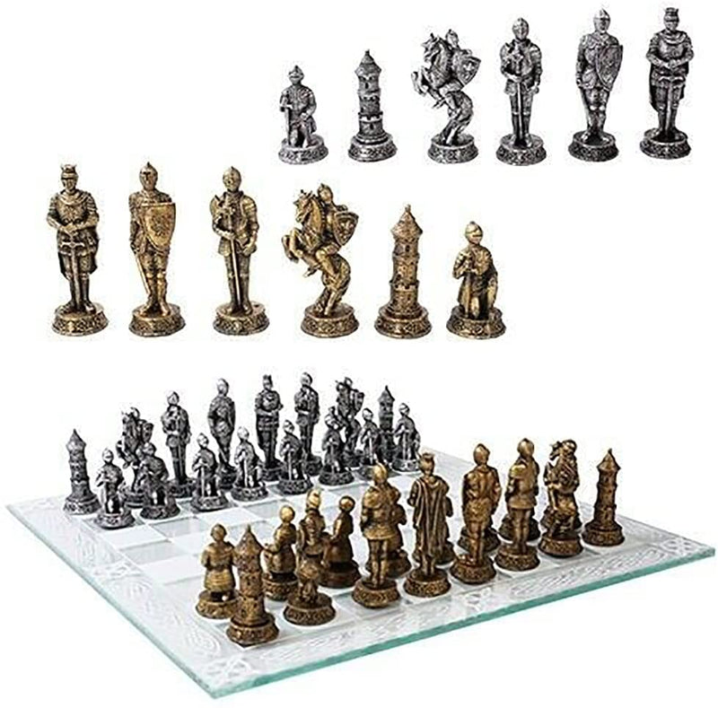 Medieval Warfare Age Of Knights & Kings Resin Chess Pieces With Glass Board Set