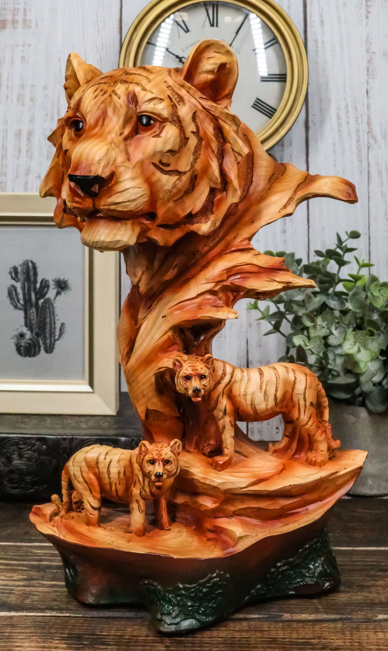 Large Bengal Tiger Bust Statue 11.75"Tall Faux Wood Resin Tiger Family In Jungle